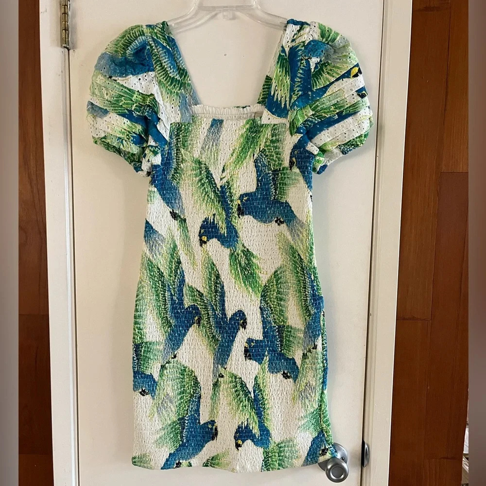 Farm Rio Araras Parrot Print Smocked Mini Dress - Picture 2 of 8